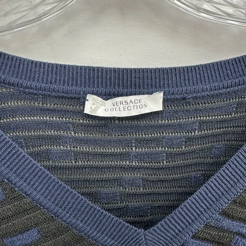 Versace Collection Blue & Black Wool Blend Mesh Knit V-neck Sweater Size M - Picture 7 of 14